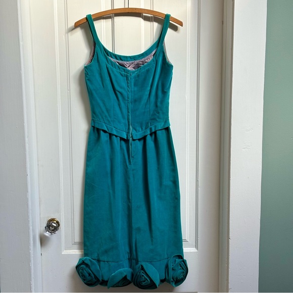 Teal Velvet Vintage 1960s Wiggle Dress With Rosettes At The Hem - Size XSmall - Picture 6 of 8